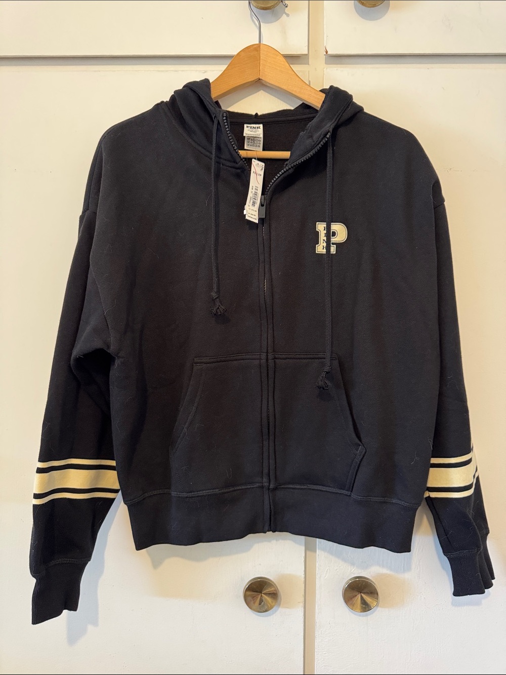 Pink Black Zip-Up Hoodie with Cream Stripe Detail